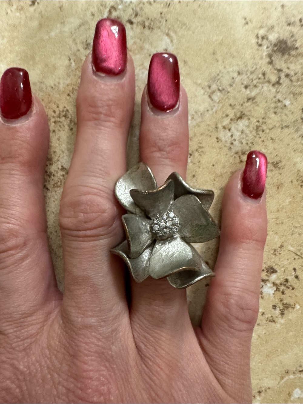 Silver Floral Cocktail Ring with Crystal Accent - Women's Statement Jewelry